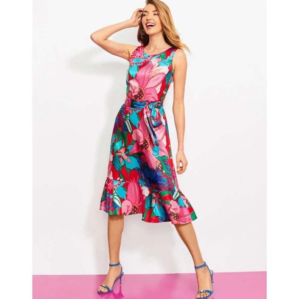 RSVP By Talbots Womens Dress Size 2 Tropical Floral Fit & Flare Ruffle Hem Lined